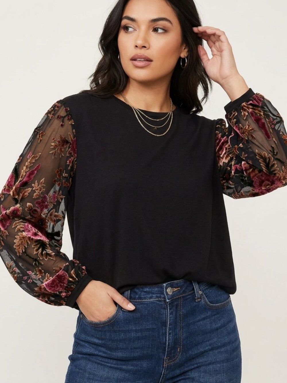Umgee Women's Floral Embroidered Sheer Puff Sleeve Top Small boho style